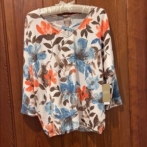 Chico's Floral V-Neck Tunic in Blue, Orange & Brown